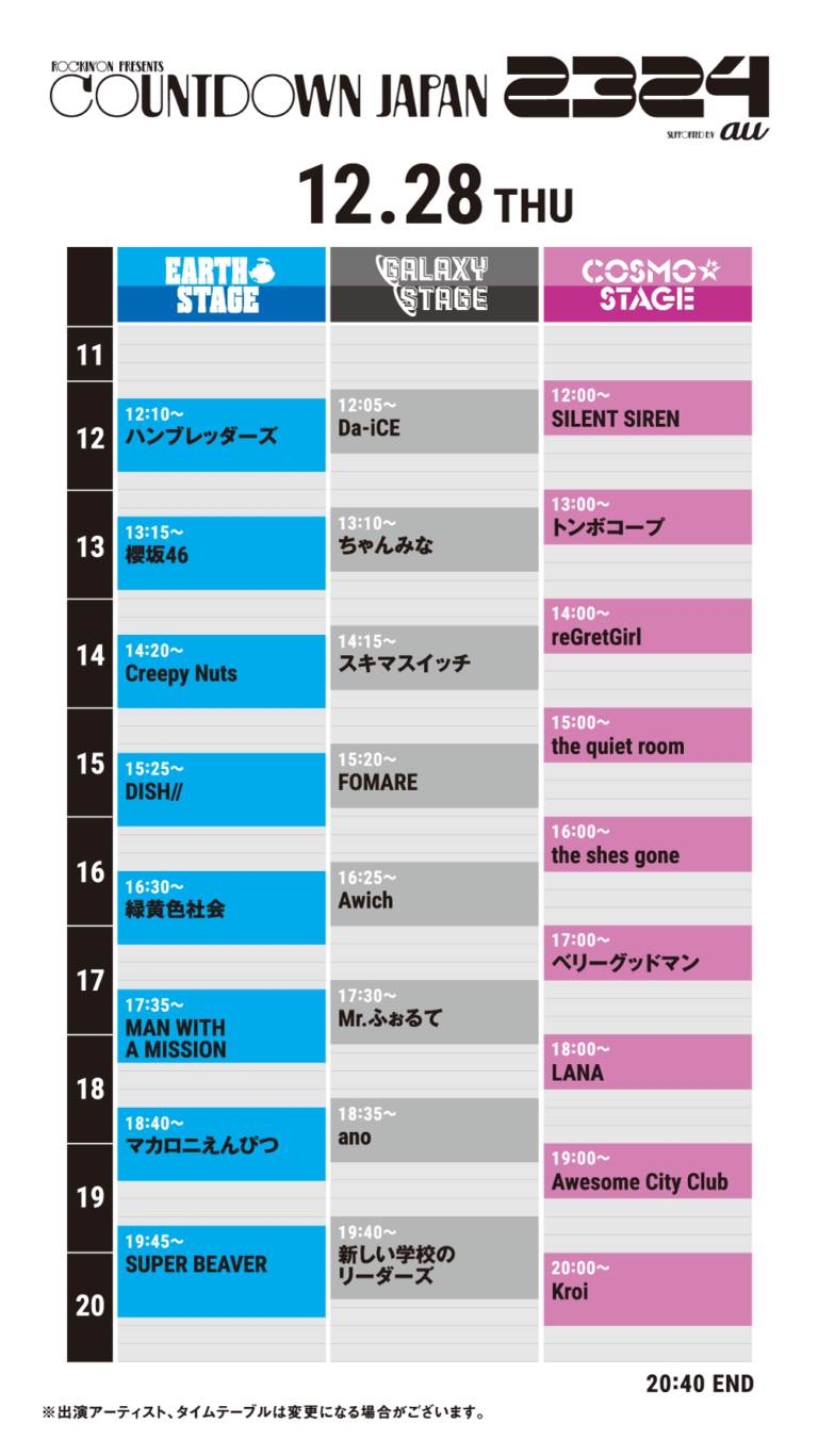 COUNTDOWN JAPAN 23/24、2023-12-28の公式タイムテーブル。櫻坂46はEARTH STAGEの13:15。