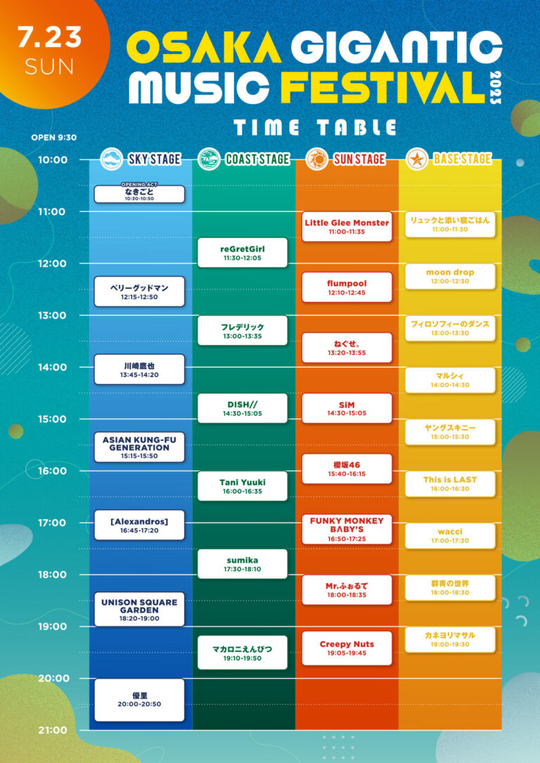 OSAKA GIGANTIC MUSIC FESTIVAL 2023、2023-07-23の公式タイムテーブル。櫻坂46はSUN STAGEの15:40。