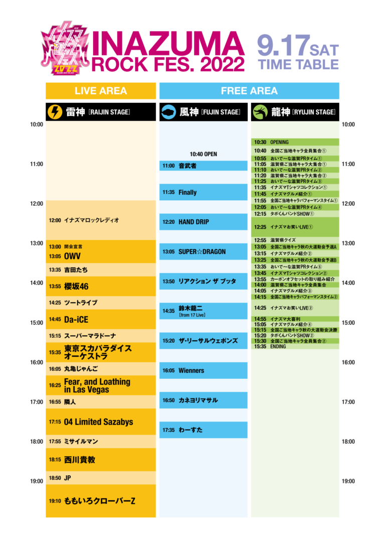 イナズマロック フェス 2022、2022-09-17の公式タイムテーブル。櫻坂46は雷神STAGEの13:55。