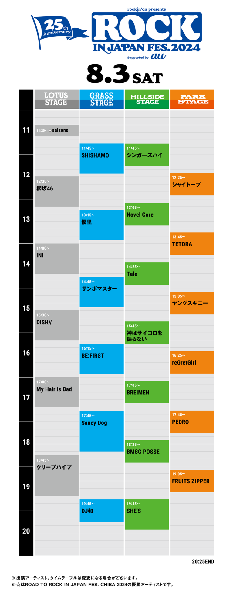 ROCK IN JAPAN FESTIVAL 2024、2024-08-03の公式タイムテーブル。櫻坂46はLOTUS STAGEの12:30。